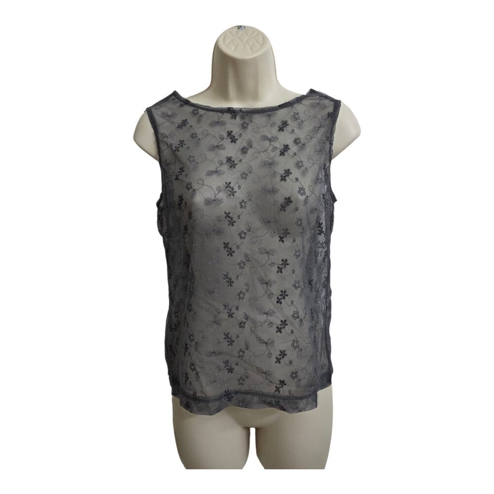Vintage Carole Little Gray Crochet Mesh Beaded Sheer Top Sz 6 Goth Y2K Rave